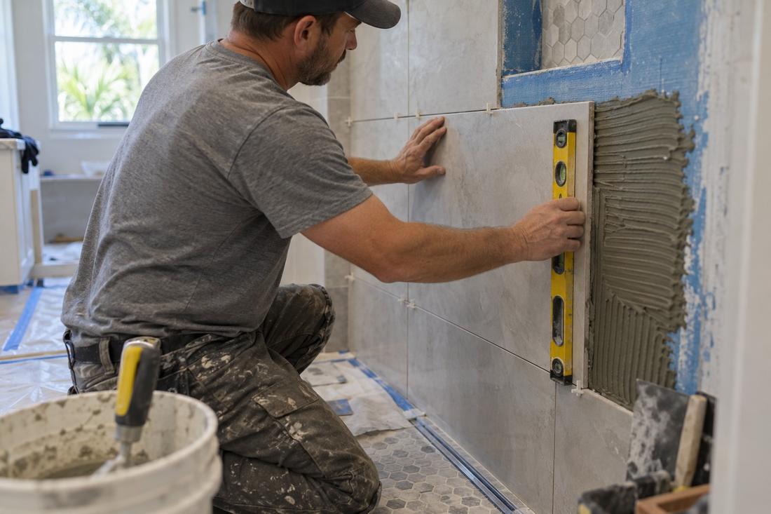 Installer leveling a large porcelain wall tile